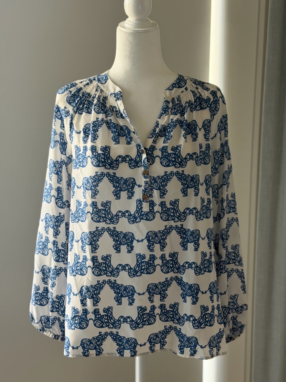 Lilly Pulitzer White Blouse with Blue Elephant Pattern